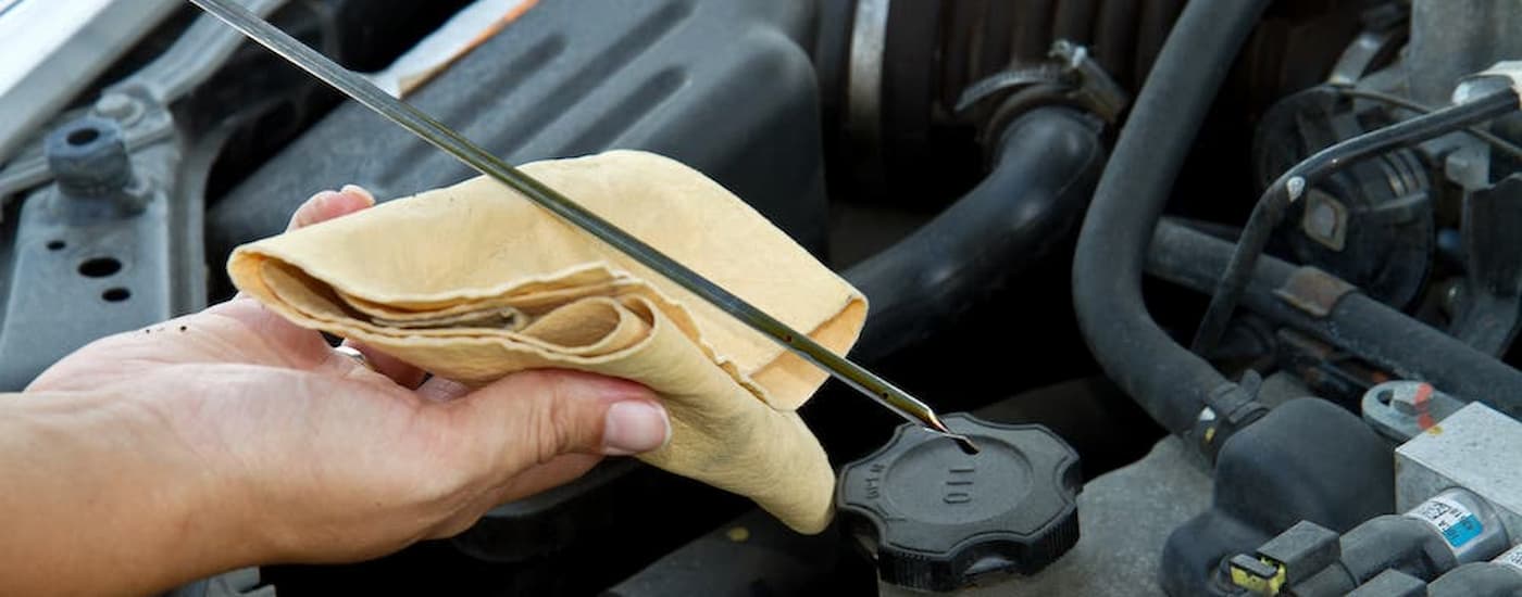 A mechanic checking the dipstick for oil level