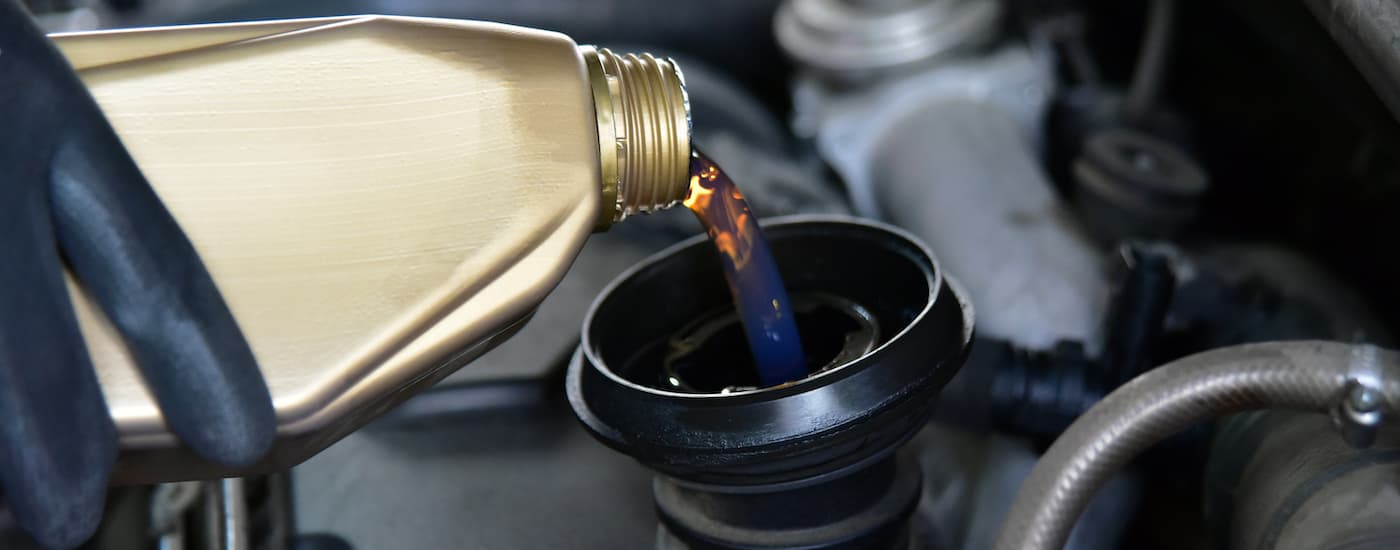 Oil can being poured into an engine.